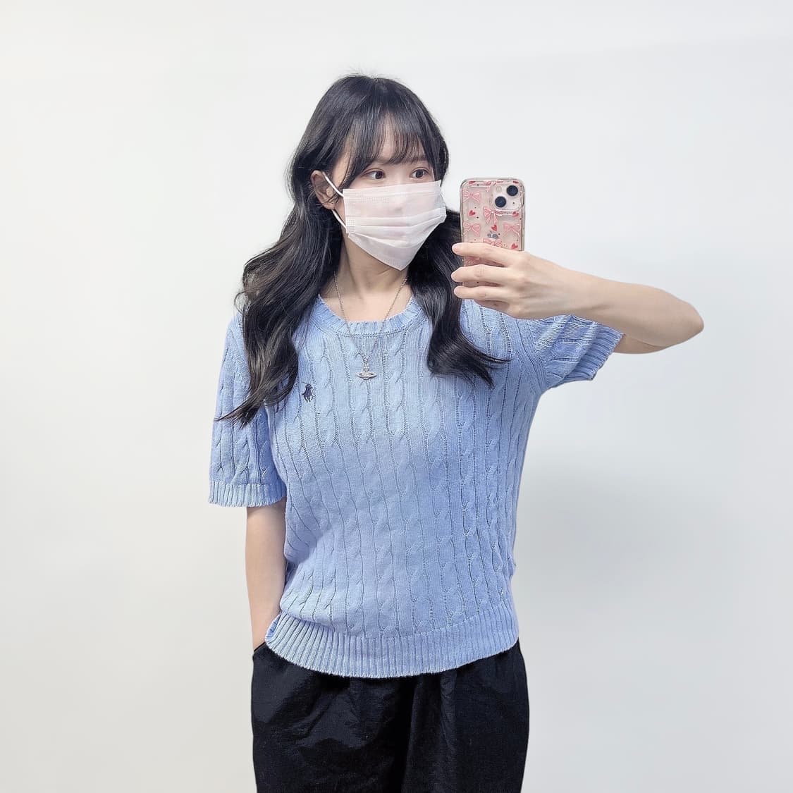 폴로 랄프로렌 포니 로고 케이블 반팔 니트 소라 상품이미지1