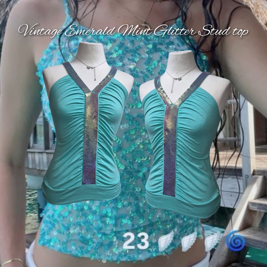 Vintage Emerald Mint Glitter Stud top 상품이미지1