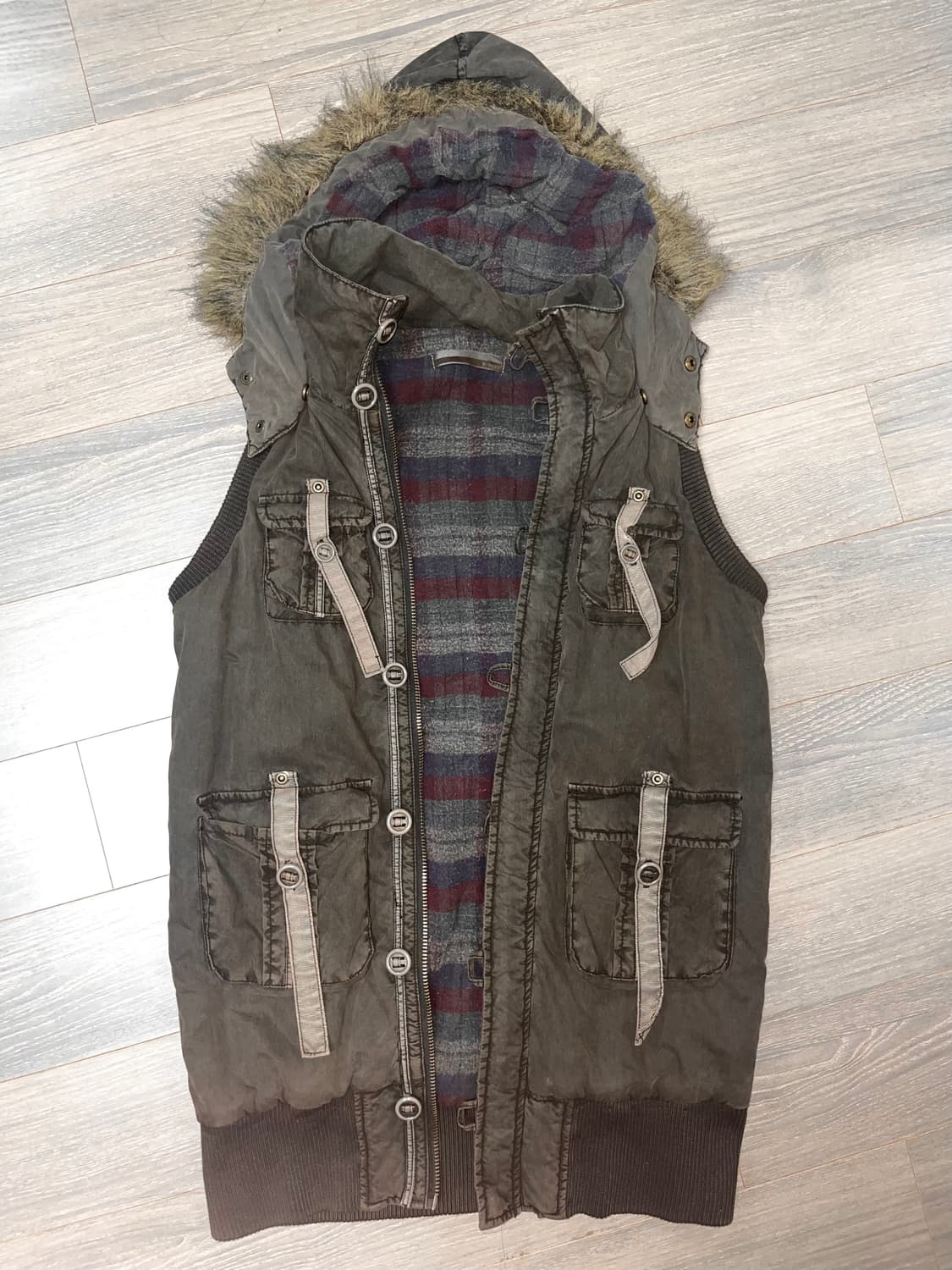 vintage check washing fur hooded vest 상품이미지2