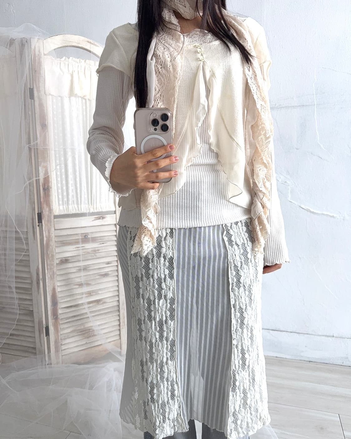 Light Beige Fairy Crochet Shirred Scarf 상품이미지5