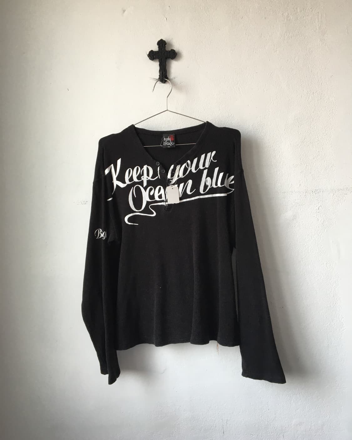 Lettering printing Henry neck waffle sle 상품이미지2