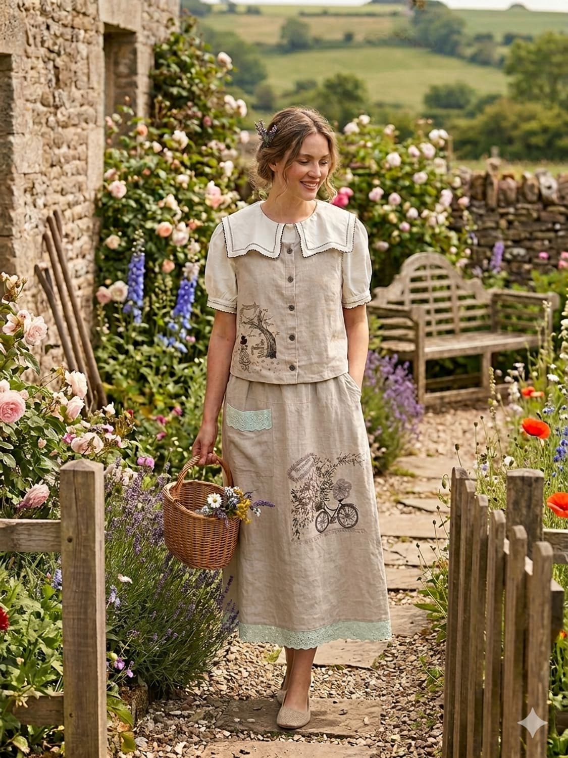 michelle 미셸 린넨 셋업. 린넨 쎄일러 퍼프블라우스 상품이미지1