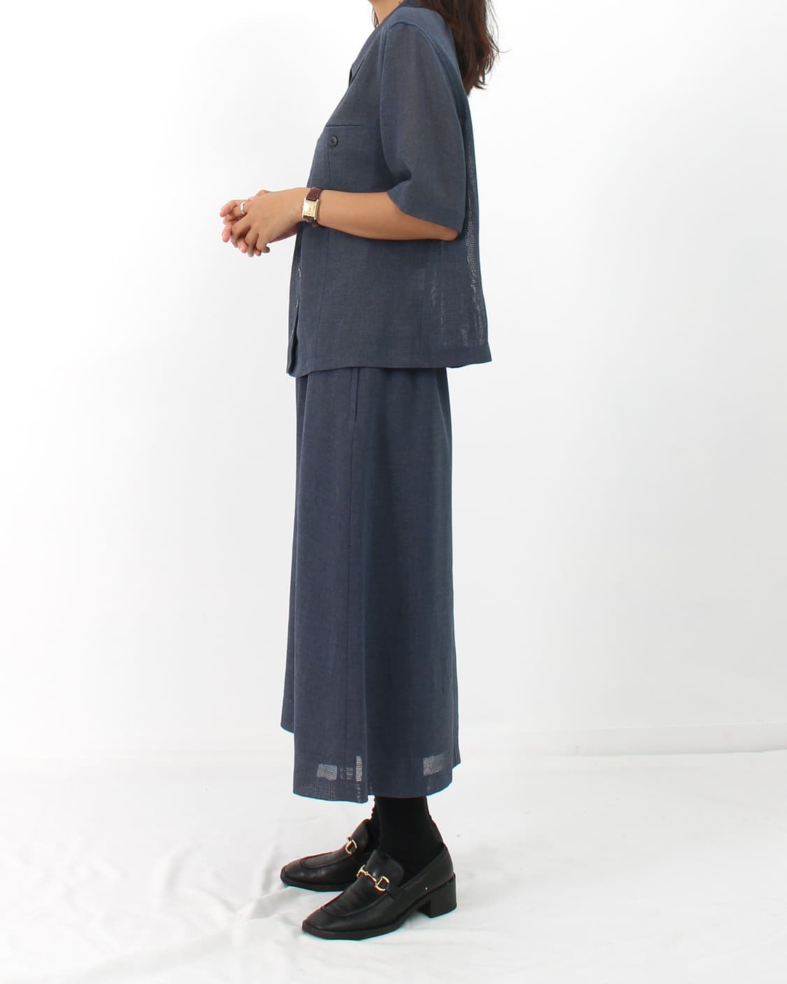 일본 빈티지 네이비 블루 여름 드레스 블라우스 스커트 셋업 투피스 상품이미지3