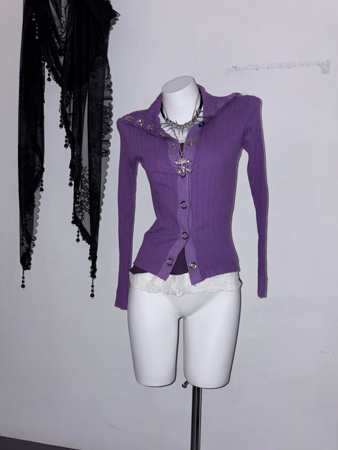 00s 빅 아일렛 버튼 퍼플 딱붙 골지 탑 상품이미지4