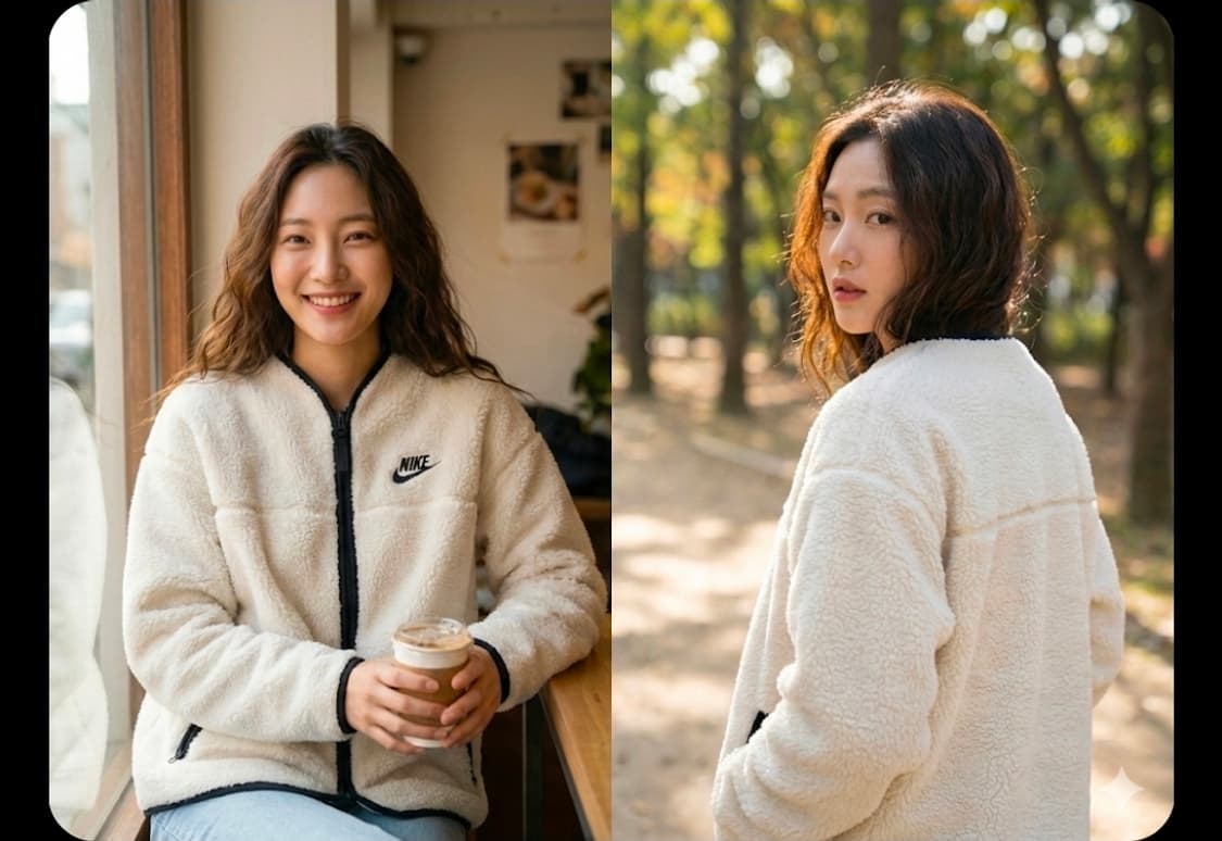 [나이키] 귀여운 크림 뽀글이 블랙 배색 노카라 양털 후리스 자켓 XL 상품이미지2