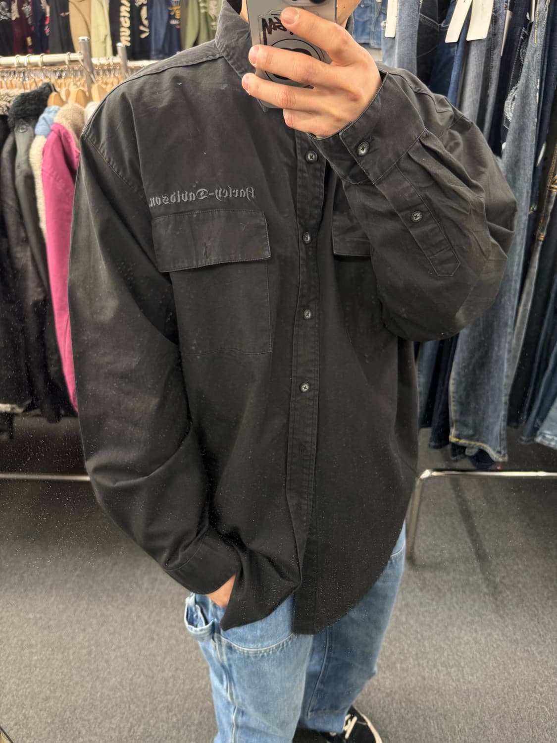 XL)할리데이비슨 빈티지 후면 프린팅 스터드 포인트 블랙 긴팔 셔츠 상품이미지1