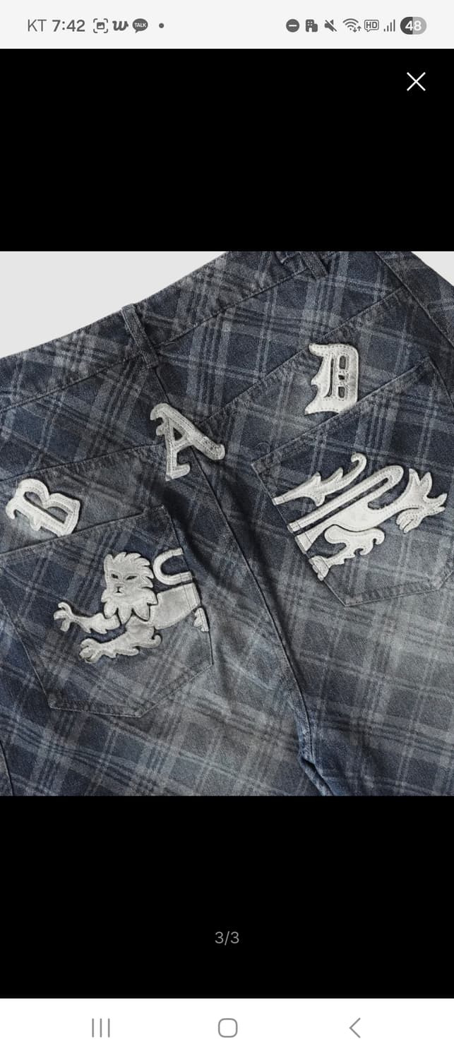 구해요)배드블러드 라이온 패치 워시드 배럴 팬츠-블루 데님 체크 상품이미지3