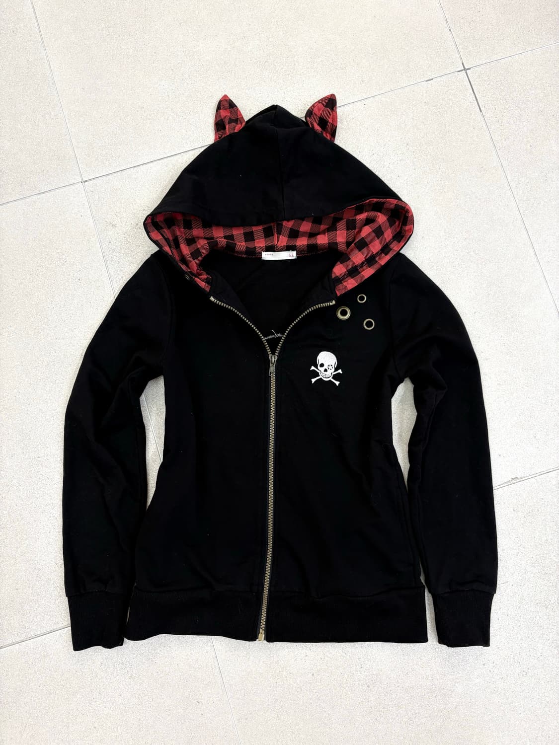 고양이귀 레드체크 스컬 후집 상품이미지2