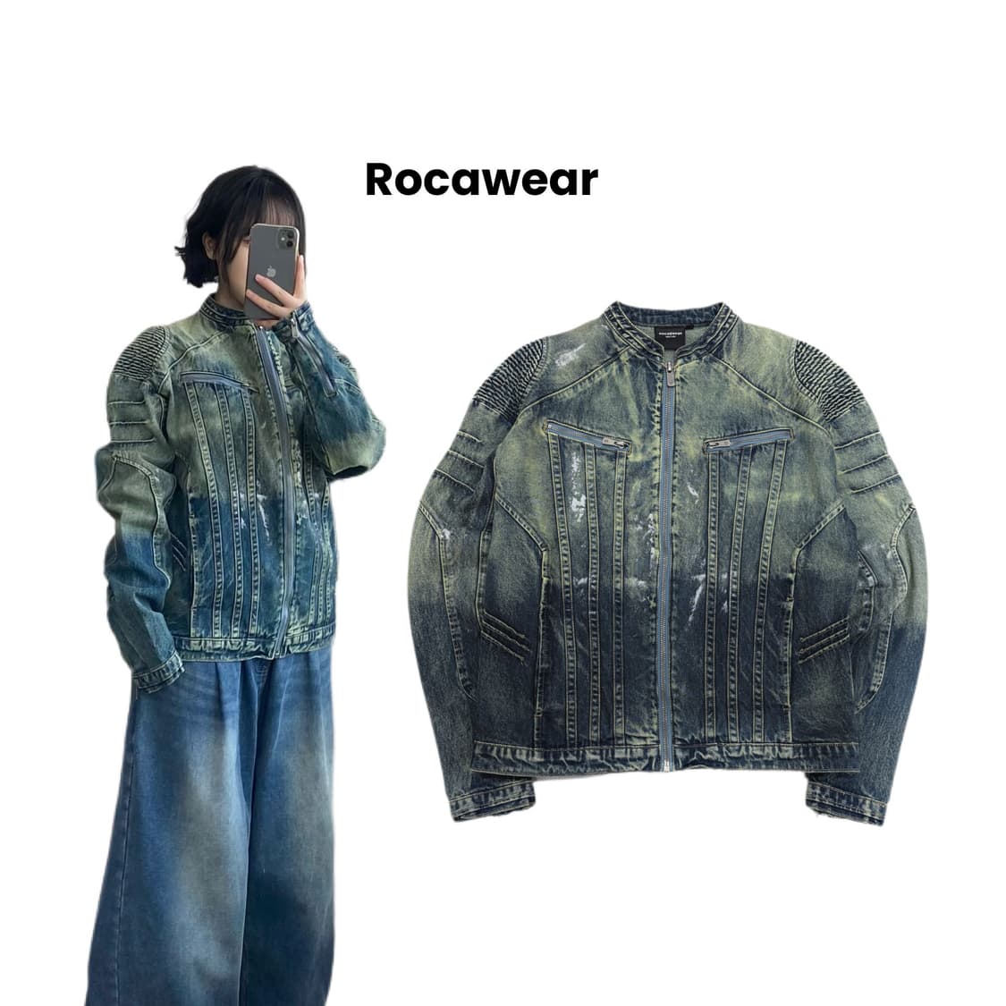 로카웨어 Y2K 바이커 워싱 빅로고 데님 집업 자켓 상품이미지1