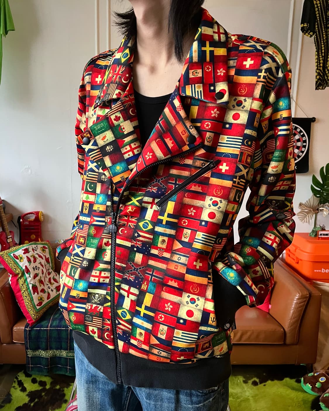 SAKUN Skull Mixed Flag Pattern Rider JK 상품이미지2