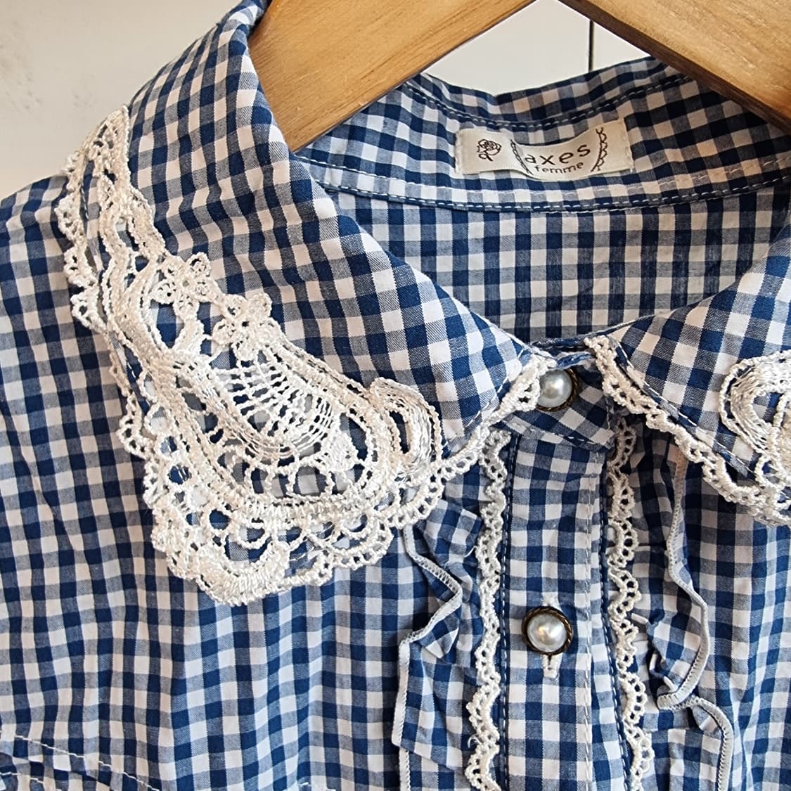 네이비 깅엄 체크 레이스 카라 블라우스 상품이미지3