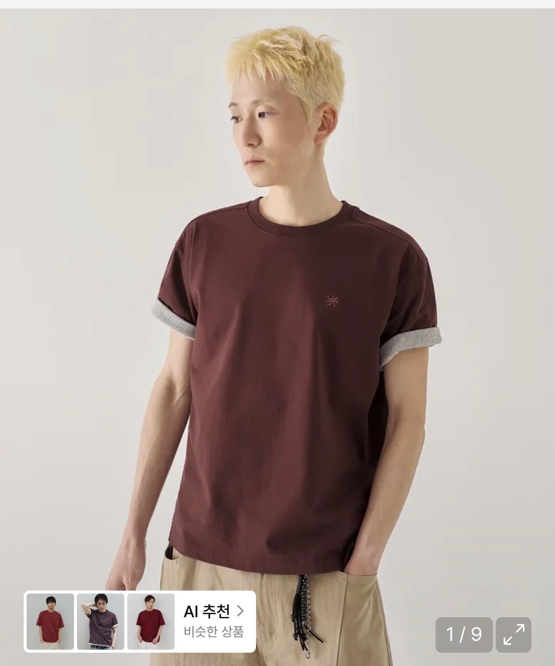키뮤어 배색 롤업 반팔 티셔츠 버건디 m 상품이미지1