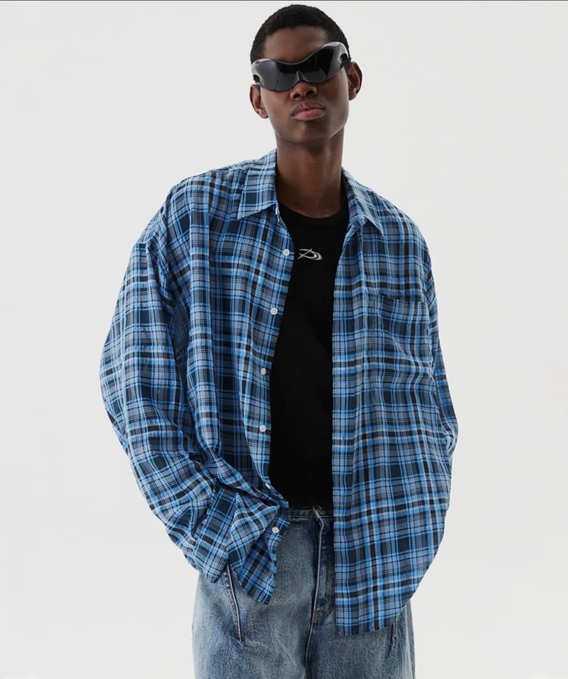 dnsr 오버사이즈 체크 셔츠 블루 상품이미지1
