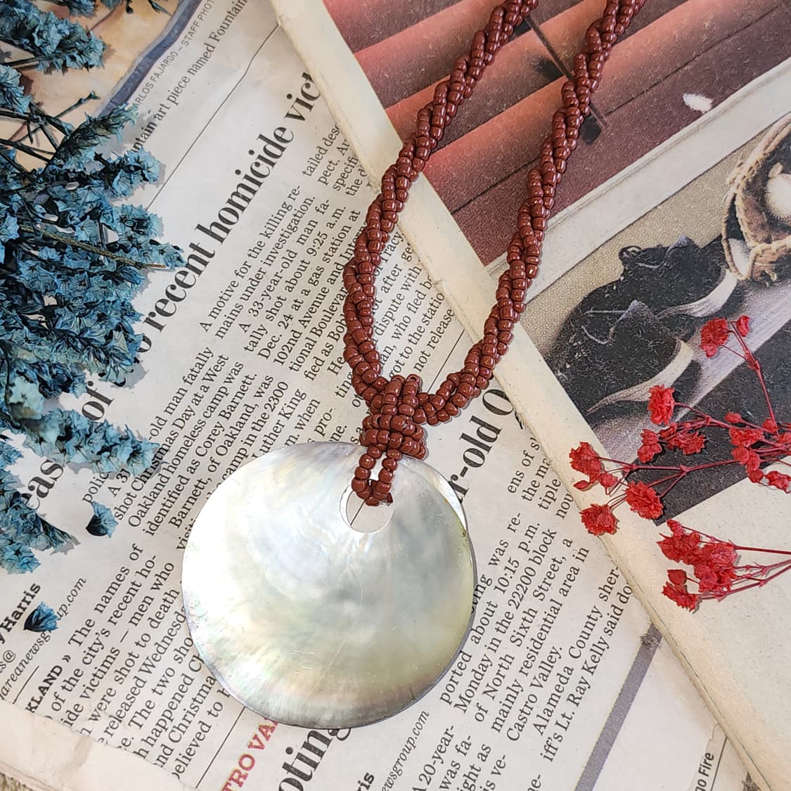 90s 프랑스 빈티지 쥬얼리 에스닉 레드문 자개 목걸이 보헤미안 스타일 상품이미지6