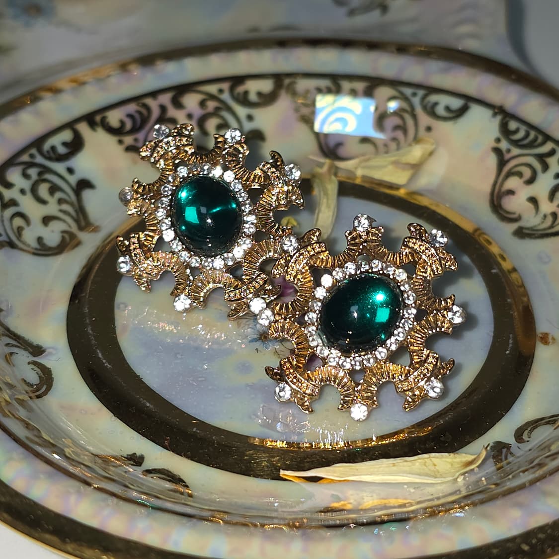 빈티지 앤틱 에메랄드 골드 큐빅 로맨틱 영롱 귀걸이 상품이미지1