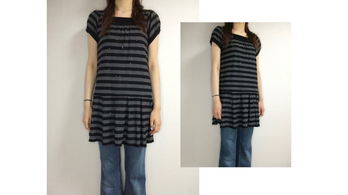 빈티지 블랙 차콜 스트라이프 스팽글 반팔 튜닉 원피스 상품이미지1