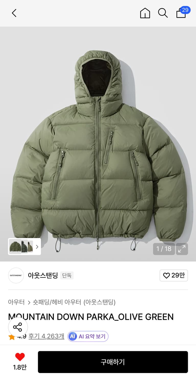 아웃스탠딩 패딩 올리브 상품이미지1