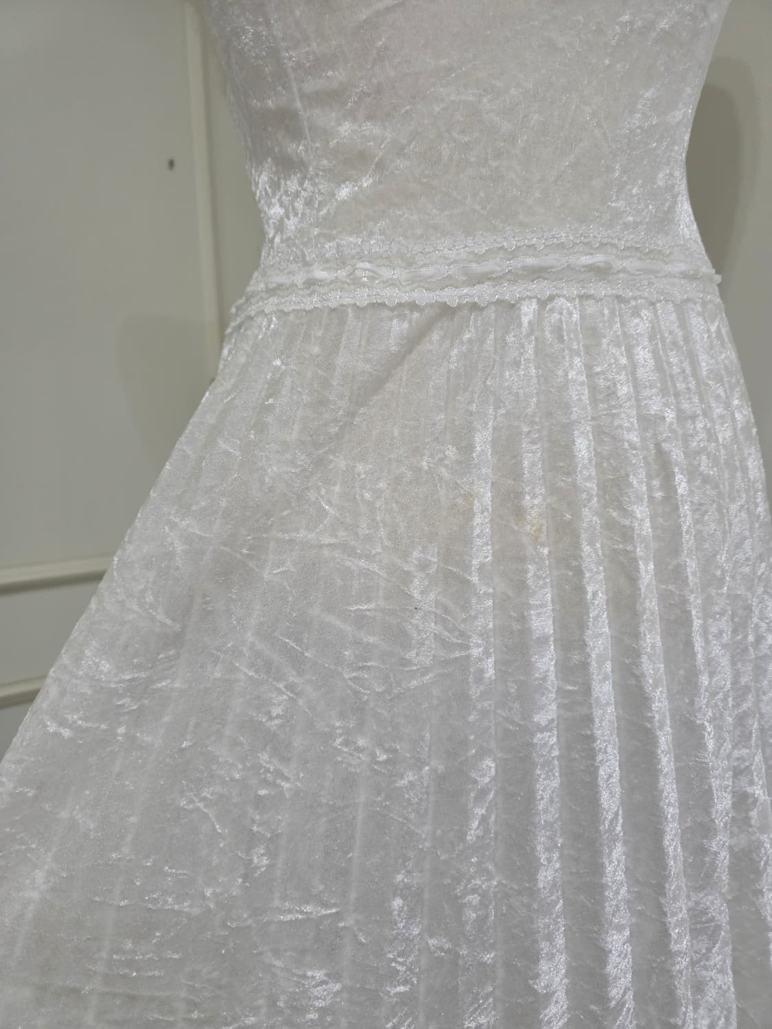 일본빈티지)화이트 페어리계 퍼 레이스 플리츠 롱슬리브리스 벨벳원피스 상품이미지5