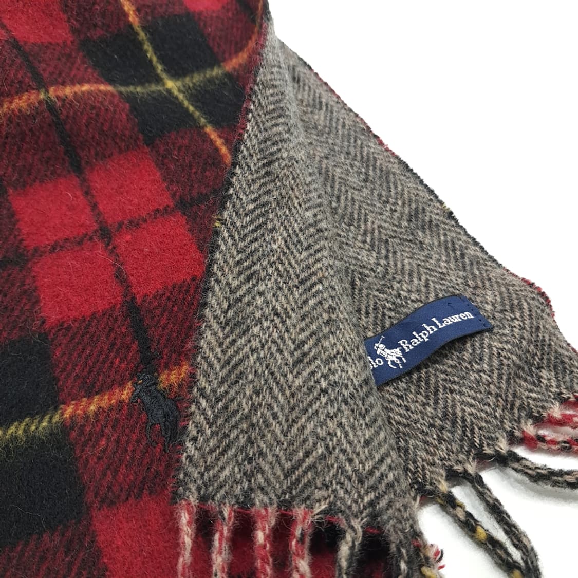 MX325 폴로 랄프로렌 레드 타탄체크 헤링본 양면 램스울 목도리 머플러 상품이미지5