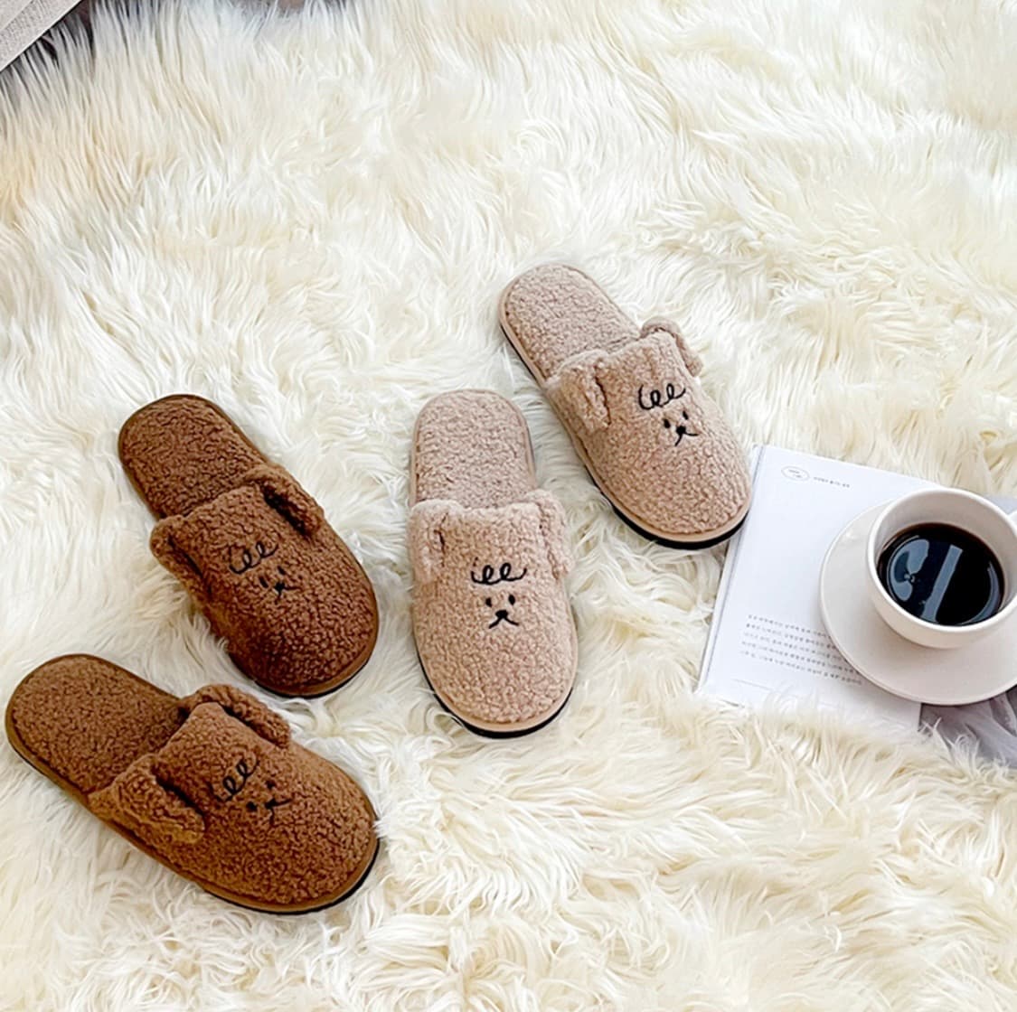 (새상품) 뽀글이 곰돌이 털 슬리퍼 거실화 실내화 2종 세트 겨울 상품이미지1