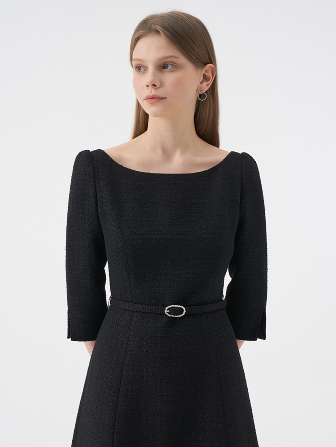 ame 엠므 보트넥 트위드 벨트원피스 블랙(새상품/정가 328,000원 상품이미지5