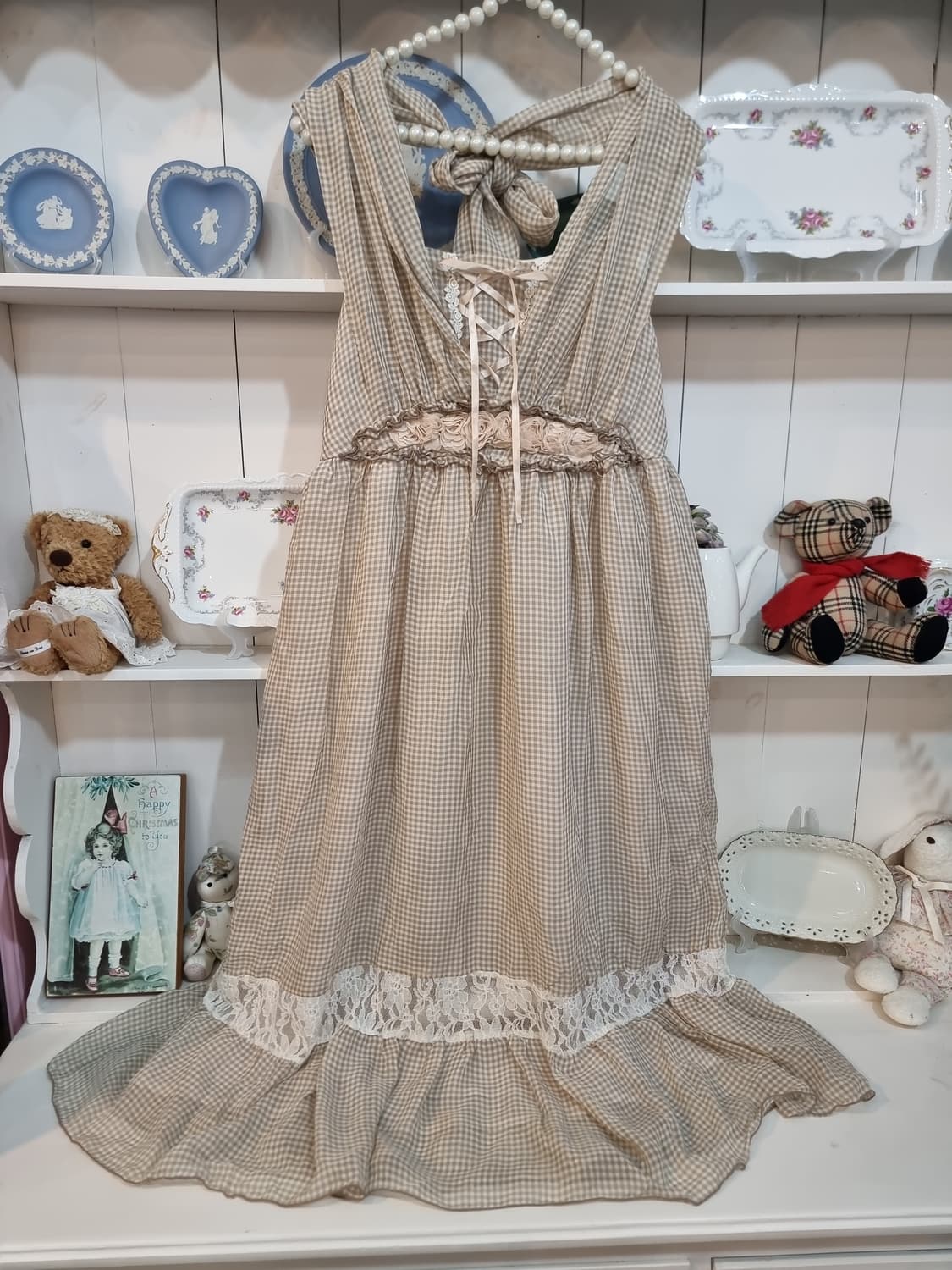 axes femme 베이지 체크 리본 코르셋 원피스 상품이미지1