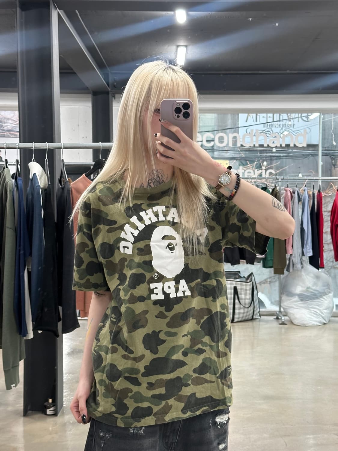 베이프 카모 컬리지 반팔 티셔츠 그린 상품이미지1