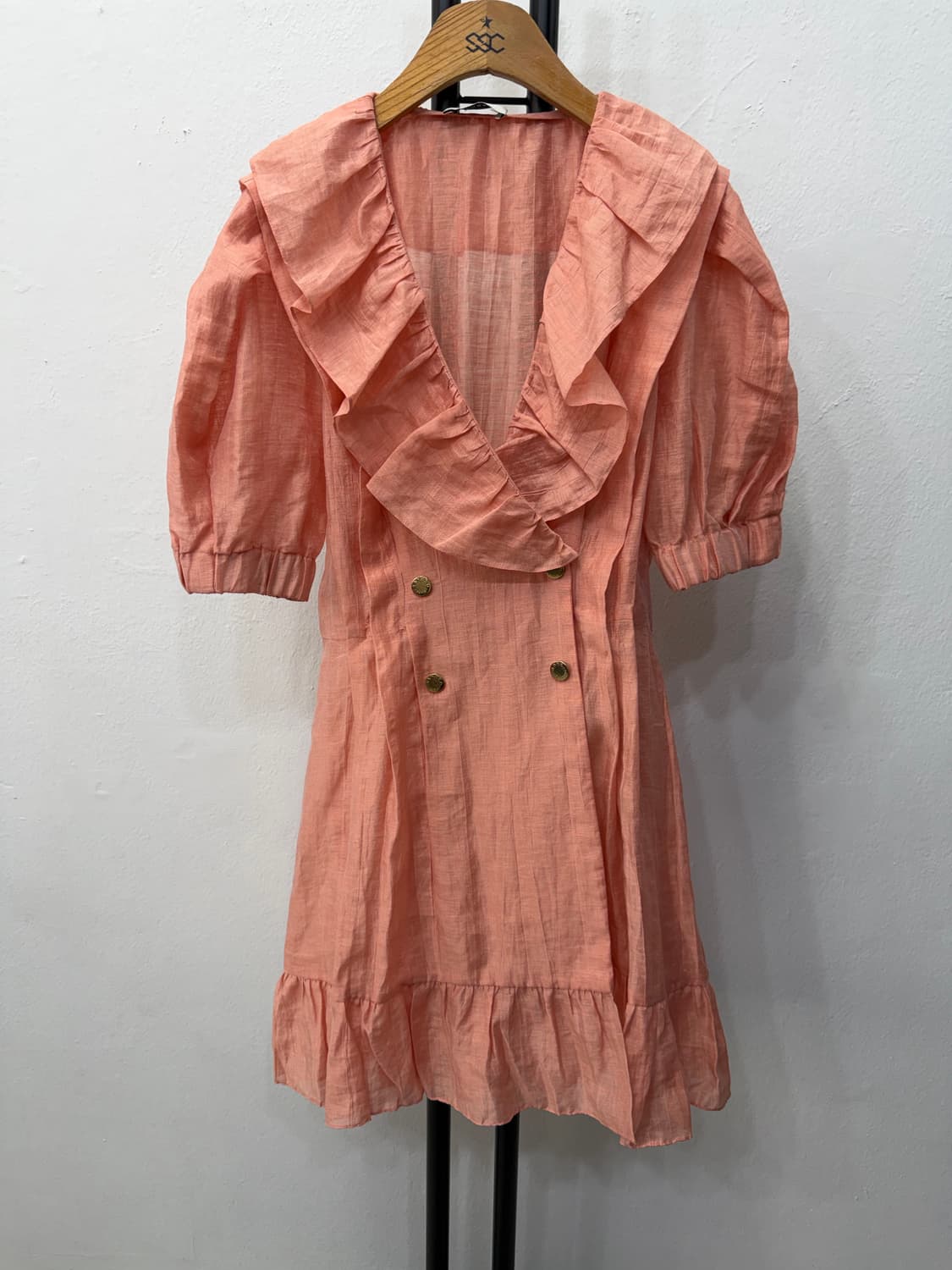 정품) 산드로 여성 프릴 핑크 원피스 셔링 퍼프 블라우스 36 상품이미지1