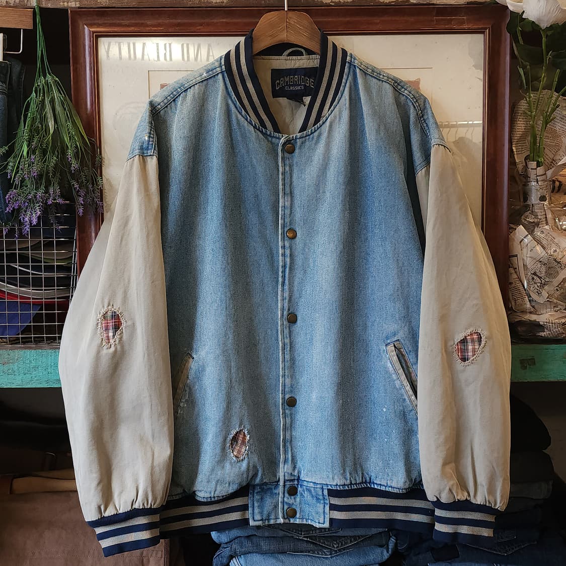 90s 빈티지 데님 바시티 자켓 아메리칸 체크 패치워크 빅사이즈 데님 L 상품이미지1