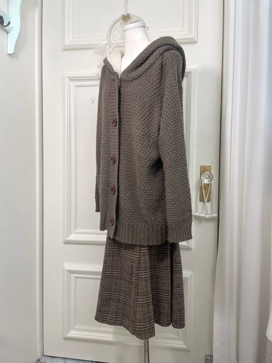 brown wool check flare long skirt 상품이미지7