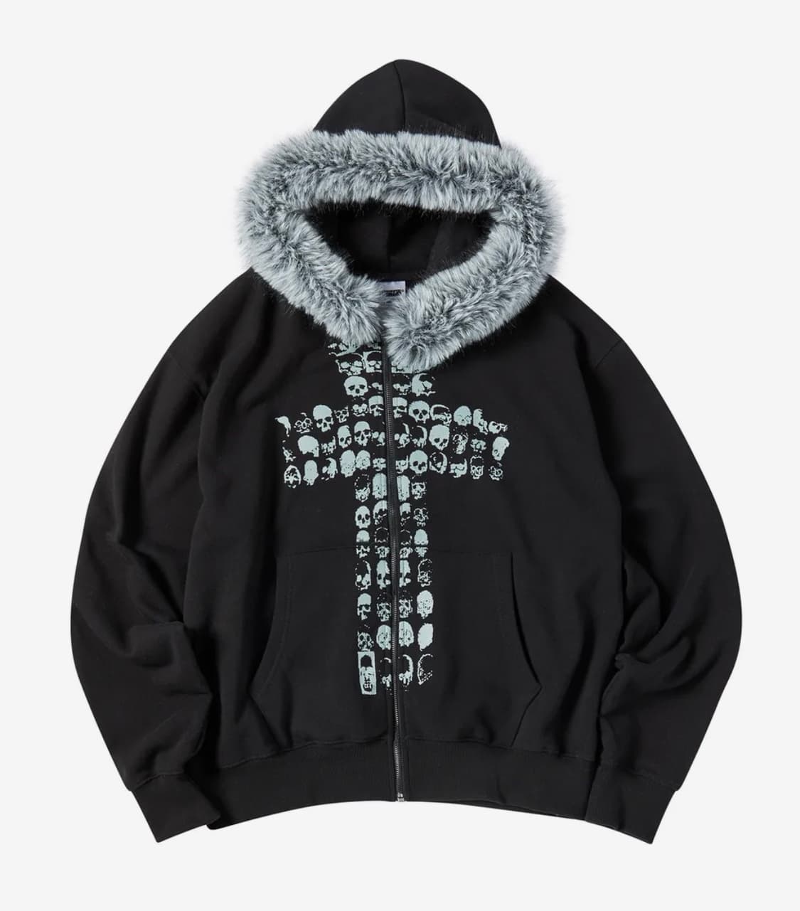 구매) 크로스 스켈레톤 퍼 후드 집업 블랙 L 상품이미지1