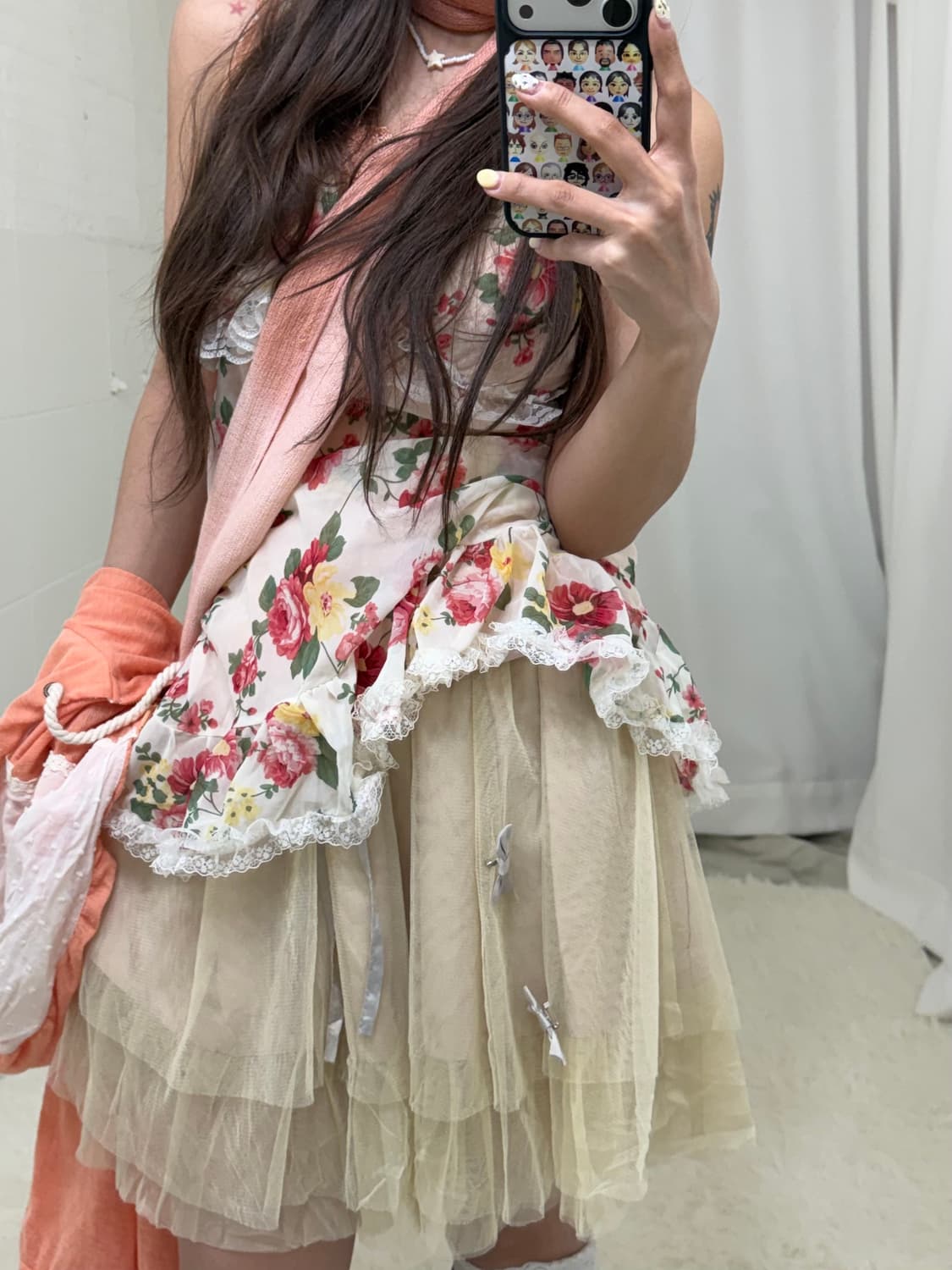 자몽 코랄핑크 플라워패턴 하구미 후드집업 코디세트 상품이미지4