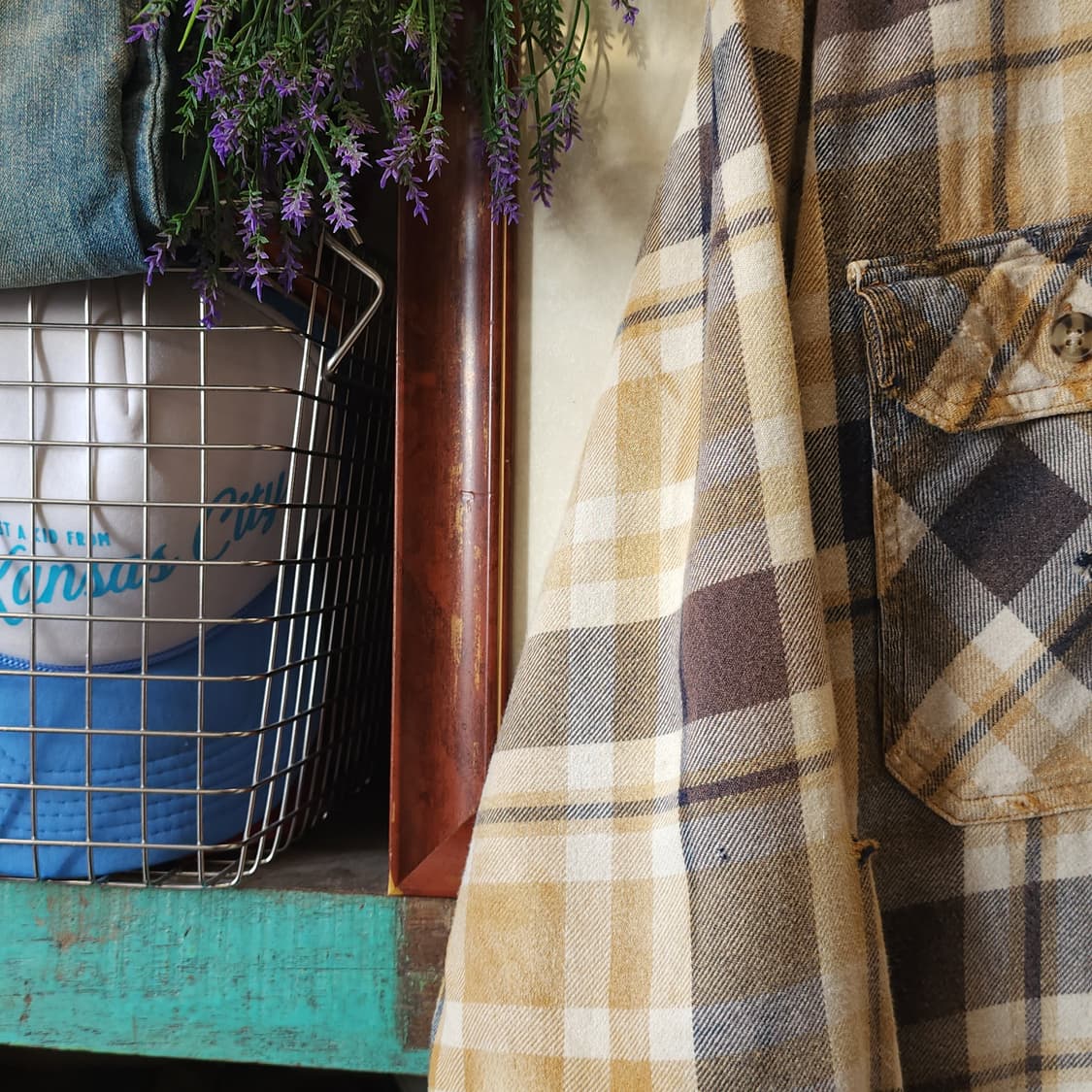 90s 빈티지 체크셔츠 헤비 플란넬 워크셔츠 썬페이딩 옐로우 L 상품이미지5