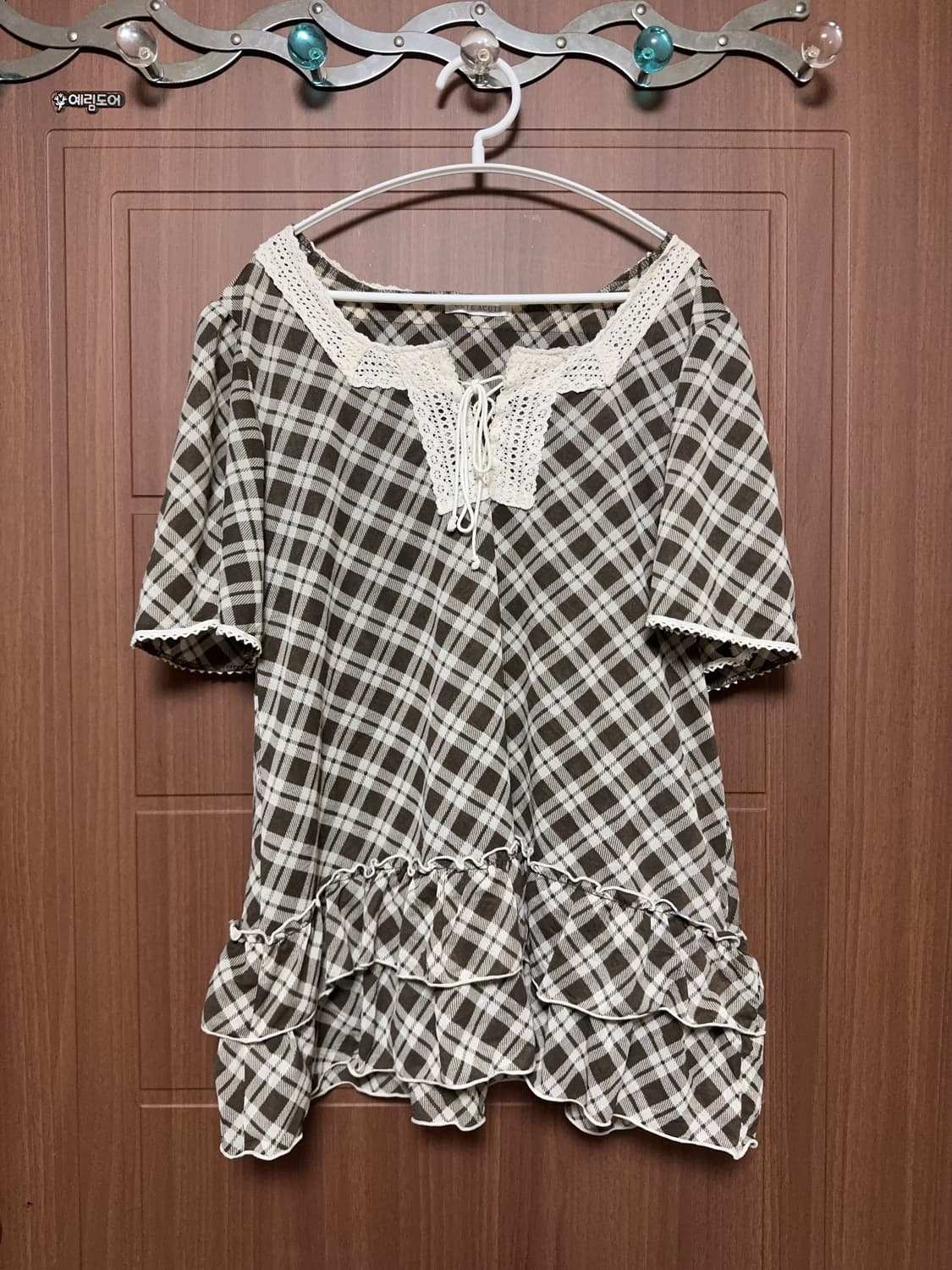 모리걸 하구미 일본 빈티지 브라운 체크 레이스 러플 쉬폰 블라우스 상품이미지1