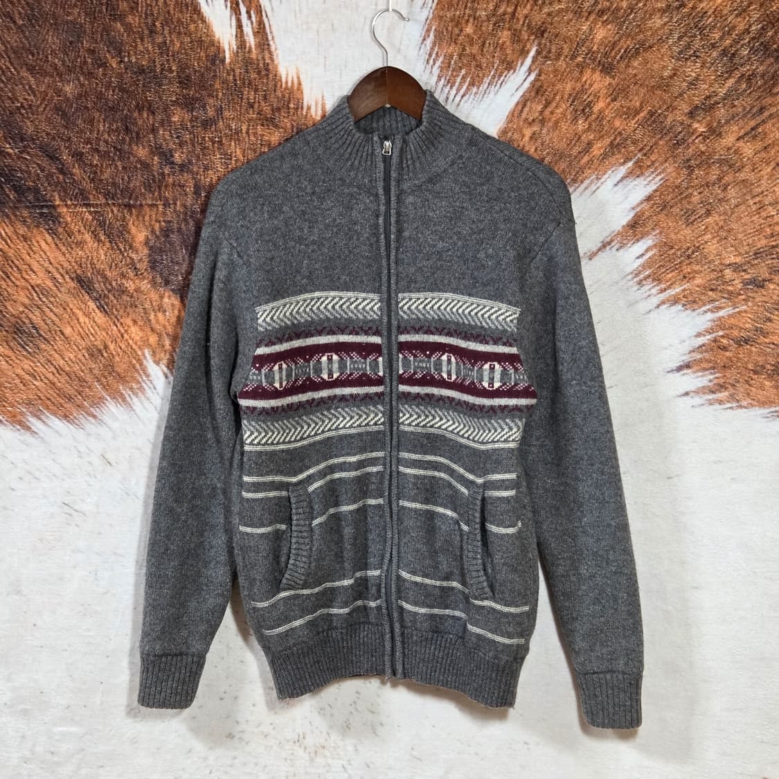 빈티지 챠콜 노르딕패턴 패디드 니트집업 상품이미지1