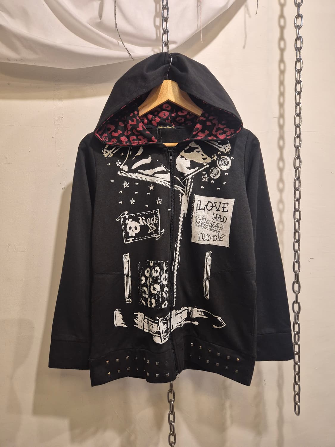 레드 레오파드 후드 스터드 블랙 후드 집업 펑크 갸루 상품이미지2