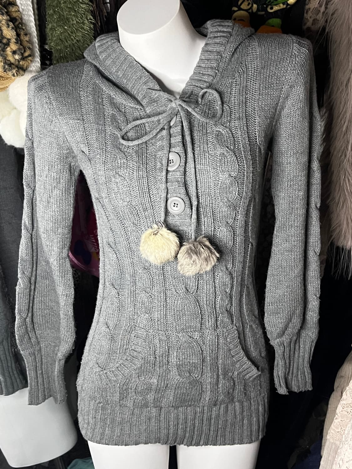 y2k 모리 갸루 그레이 퍼 니트 후드탑 상품이미지1