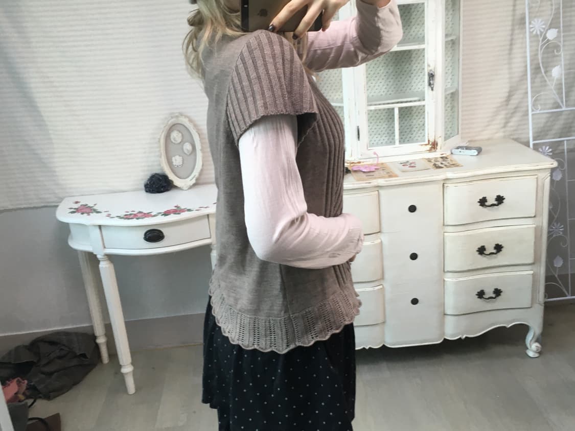 일본빈티지 핑크 브라운 울 크로셰 하프 니트 가디건 상품이미지2