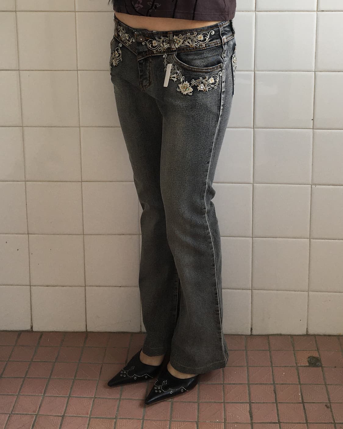 Flower needle work point denim pants 상품이미지5