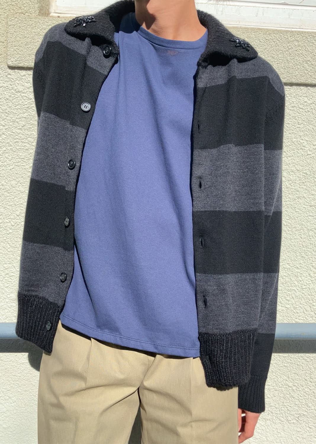 시몬로샤 맨 스트라이프 임벨리시드 퍼지 칼라 럭비 가디건 차콜 블랙 S 상품이미지3