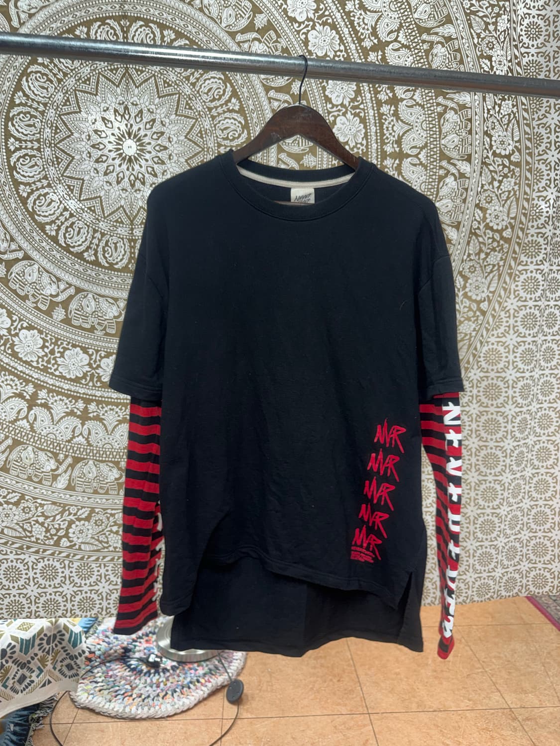 스트라이프 반팔 레이어드 긴팔 티  상품이미지3