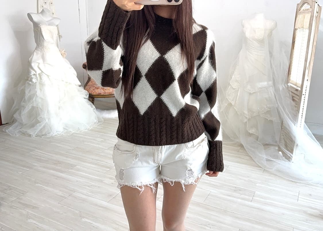 Brown diamond pattern wool knit 상품이미지5