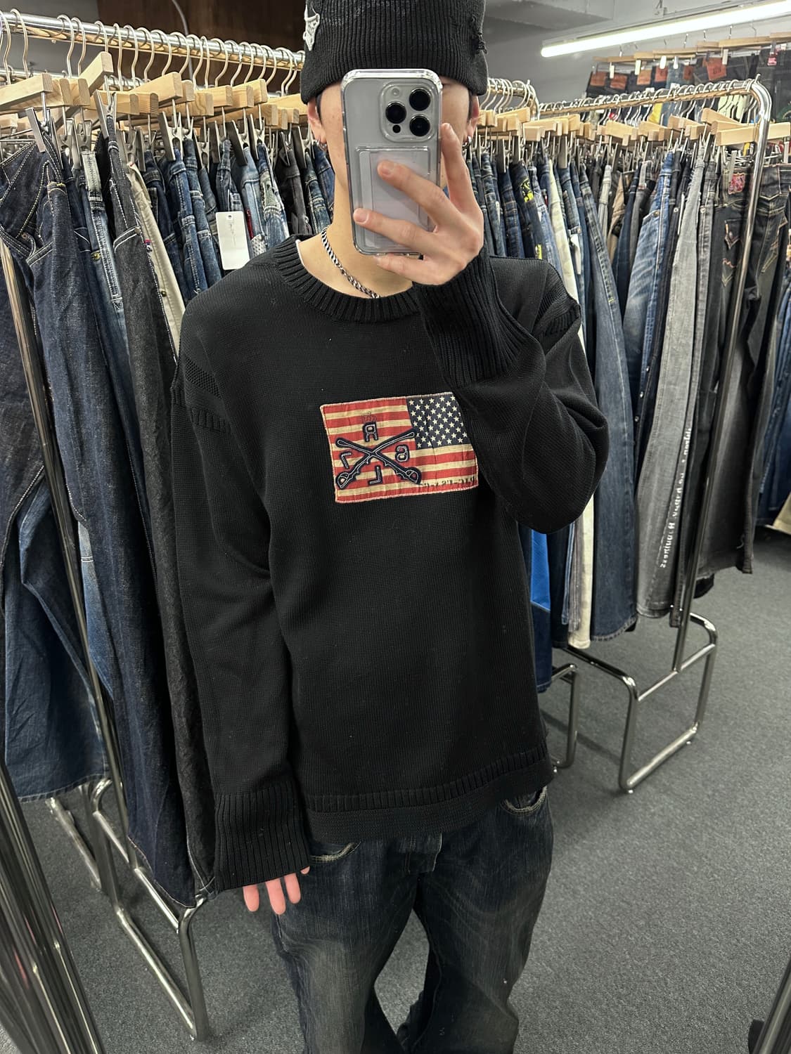 XL) 폴로 진스 성조기 블랙 니트 스웨터 상품이미지2