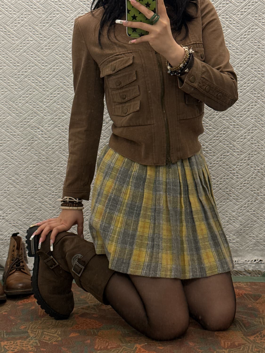 빈티지 코지 모리 단추 체크 하이틴 플리츠 마이크로 스커트 K0139 상품이미지2