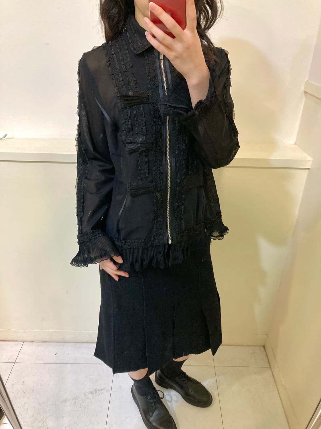 블랙 시스루 레이스 집업 블라우스 상품이미지9