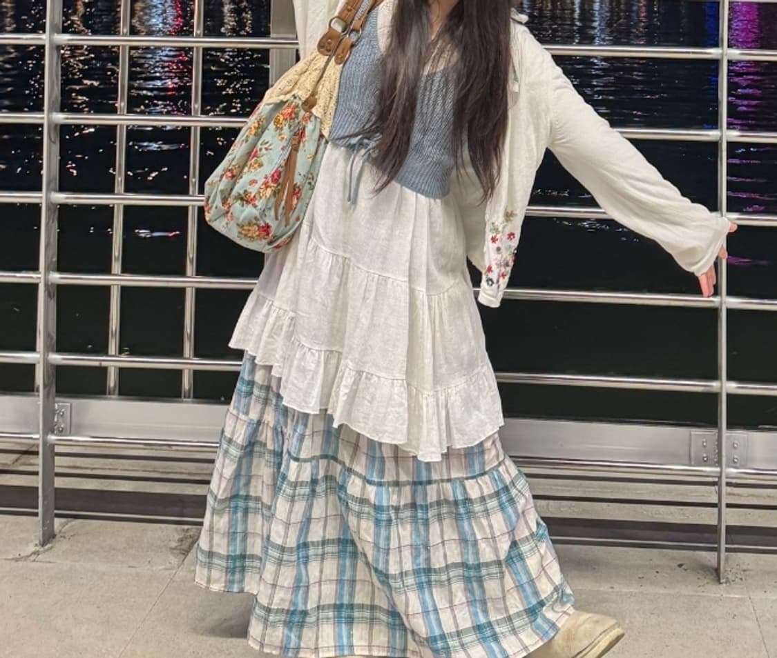 빈티지 코코모리 코디 세트 코디셋 블루 체크 모리걸 하구미 가방 페어리 상품이미지2