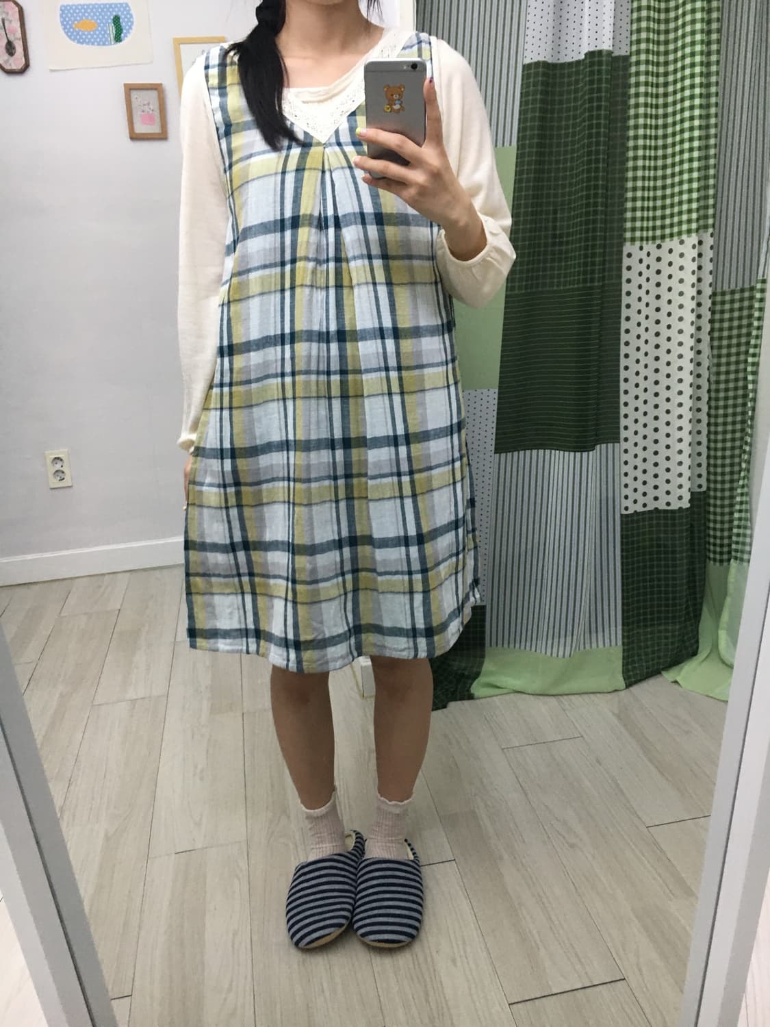 그린 체크 브이넥 원피스 상품이미지2