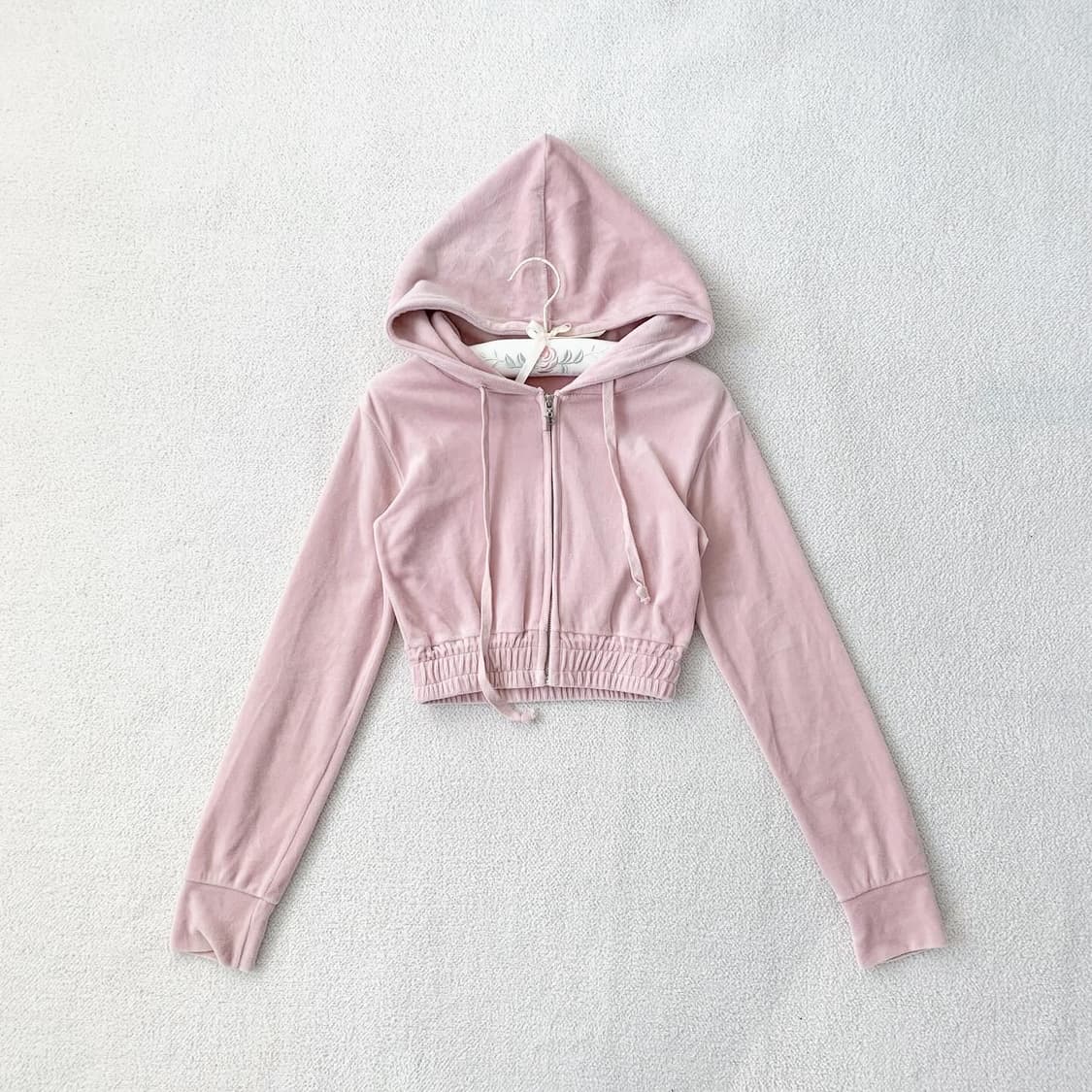 뮤트연핑크 벨벳 크롭 후드집업 상품이미지2