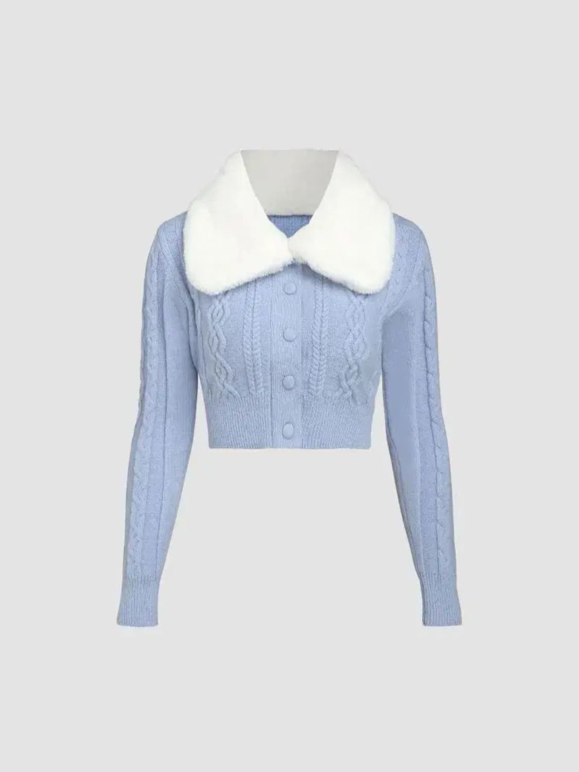 샵사이다 CIDER 퍼 카라 케이블 니트 가디건 하늘색 (장원영 착용) 상품이미지1