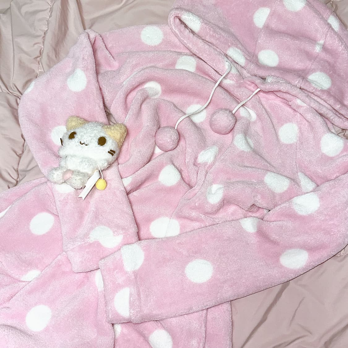 히메갸루 빈티지 핑크 땡땡이 후드 잠옷 원피스 상품이미지1